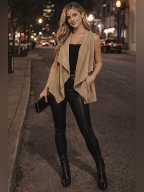 Beige Faux Suede Lace Up Back Vest Waterfall Drape Jacket Medium bebe